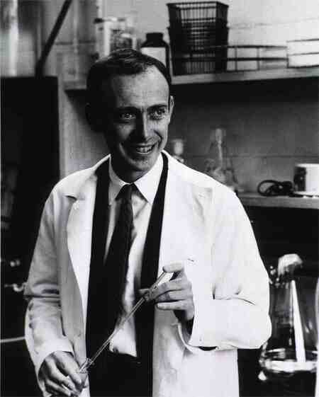 Smiling James d. Watson in laboratory.