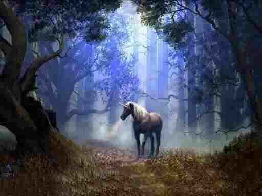 Unicorn in the forest with backlight between the trees.