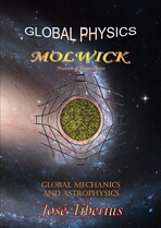 Cover of the Global Mechanics and Astrophysics book. Composition of a magnified atom over a galaxy.