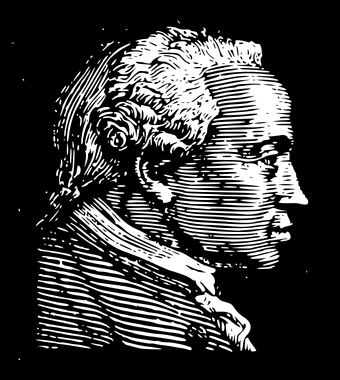 Immanuel Kant in black and white and black background.