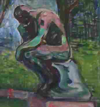 Illustration of Rodin's Thinker mainly in green tones.