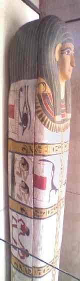 Sarcophagus of ancient Egypt with colored drawings.
